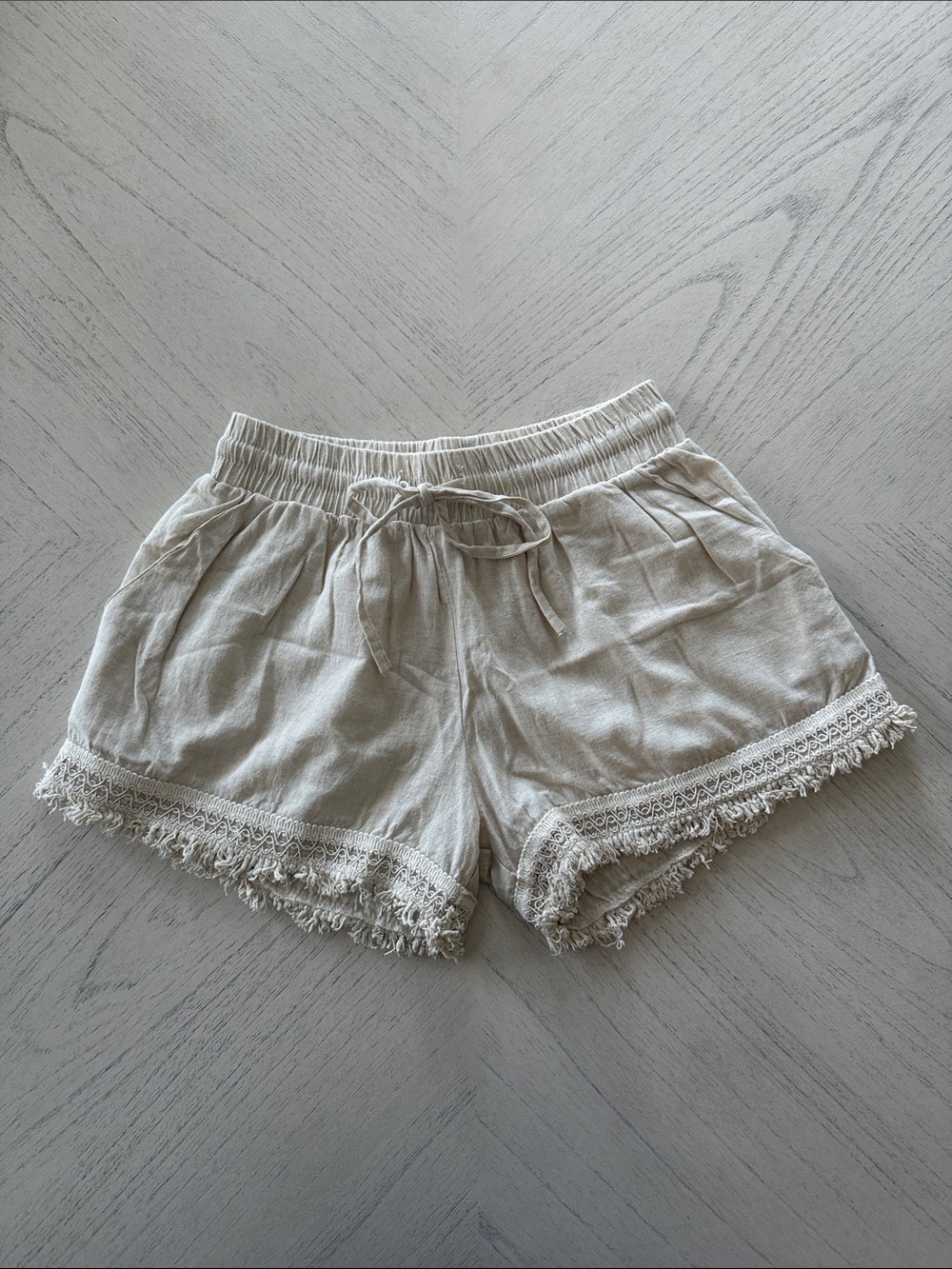 Sim & Sam Oatmeal Cotton Linen Fringe Trim Drawstring Shorts - Size S [PH1113]
